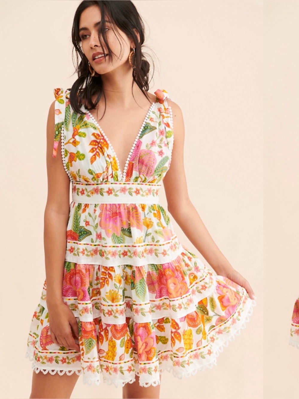 FARM Rio Coral & Green Tie-Shoulder Mini Dress